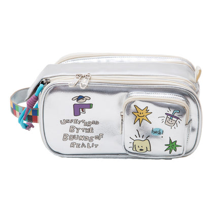 Oversized Silver PU Makeup Pouch with Pockets