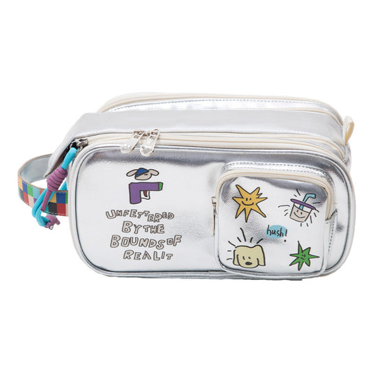 Oversized Silver PU Makeup Pouch with Pockets